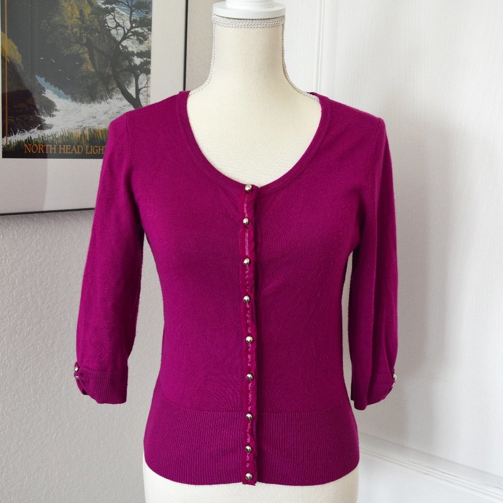 WHBM Magenta Fuchsia Sweater Cardigan with Scallop Trim and Chrome Snap Buttons
